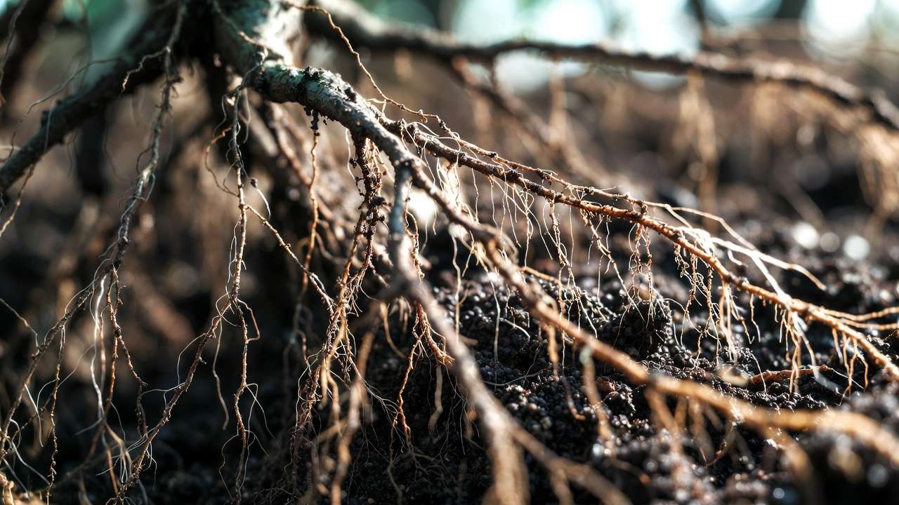 Tree roots and mycorrhizal fungi interacting with porous biochar in healthy soil