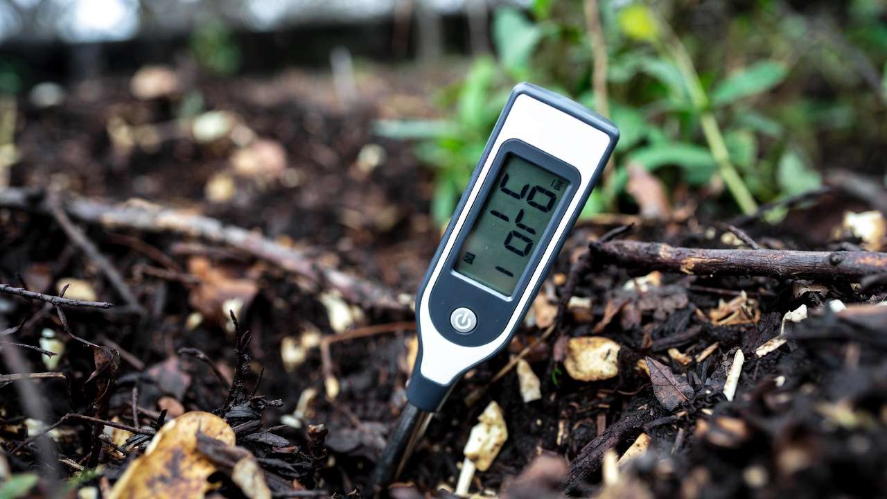 Compost thermometer measuring high temperature in active hot pile
