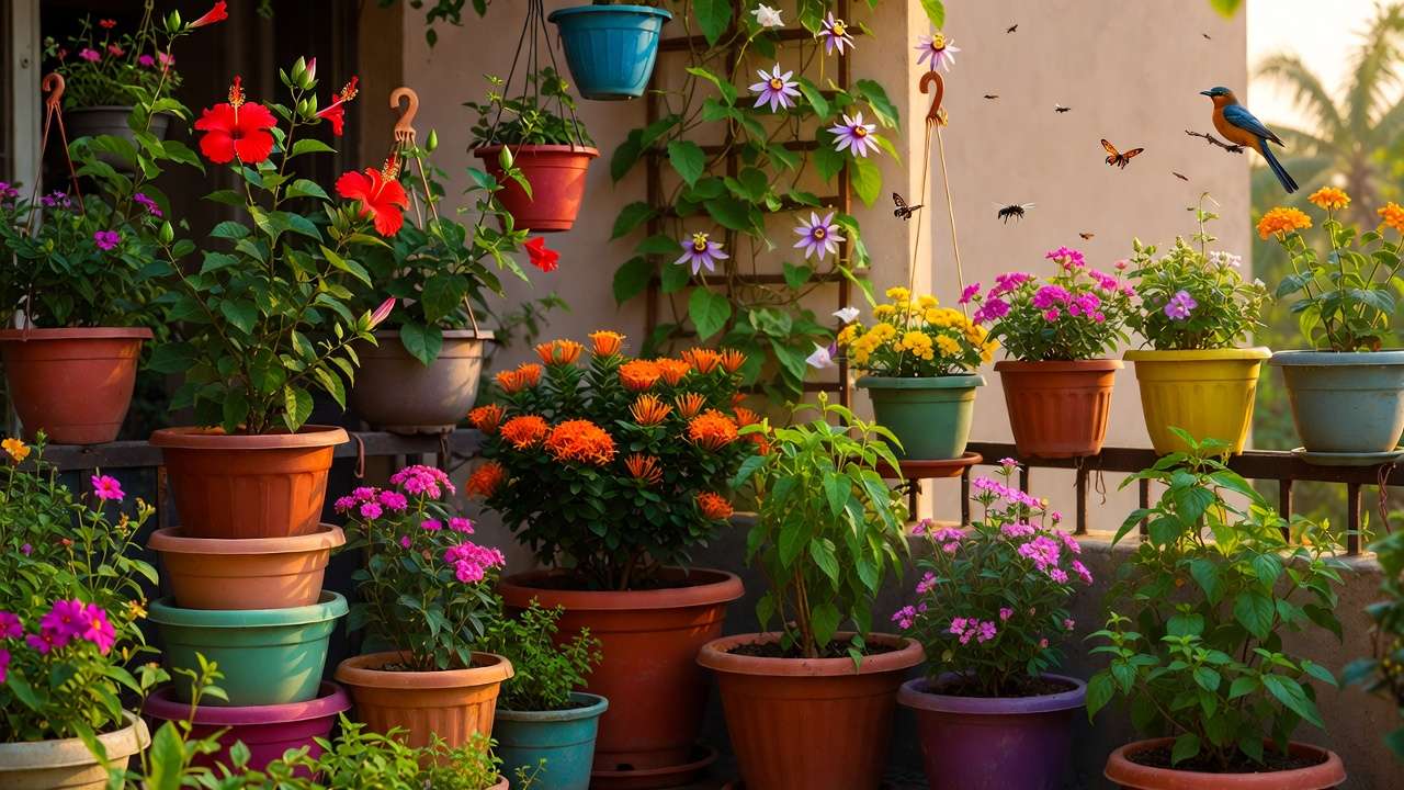 Small balcony garden with native hibiscus ixora tulsi plants pots vertical layers birds butterflies bees tropical biodiversity