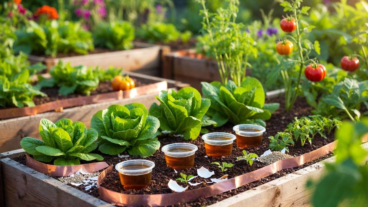 Organic garden with beer traps, copper barriers, eggshells and coffee grounds for natural slug and snail control