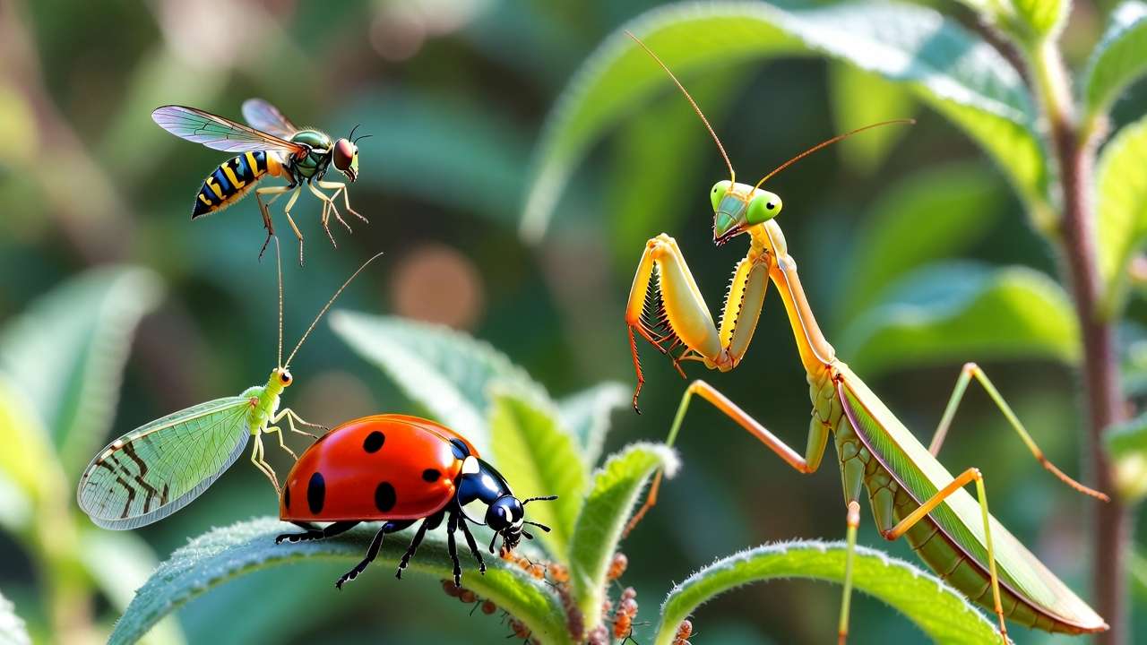 Close-up of beneficial insects including ladybug, lacewing, hoverfly, and praying mantis preying on aphids in a tropical garden