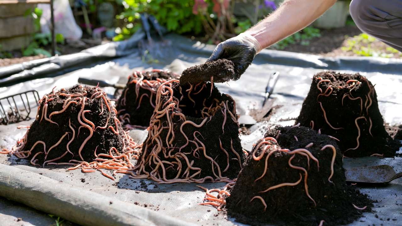 Light migration method for harvesting worm castings: worms burrowing down in compost piles under bright sun