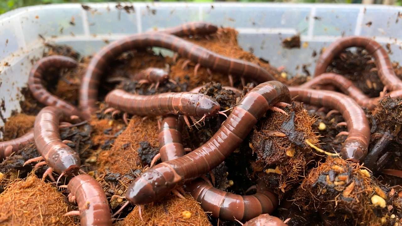 Close-up of healthy red wiggler worms thriving in vermicompost bedding for successful breeding and composting