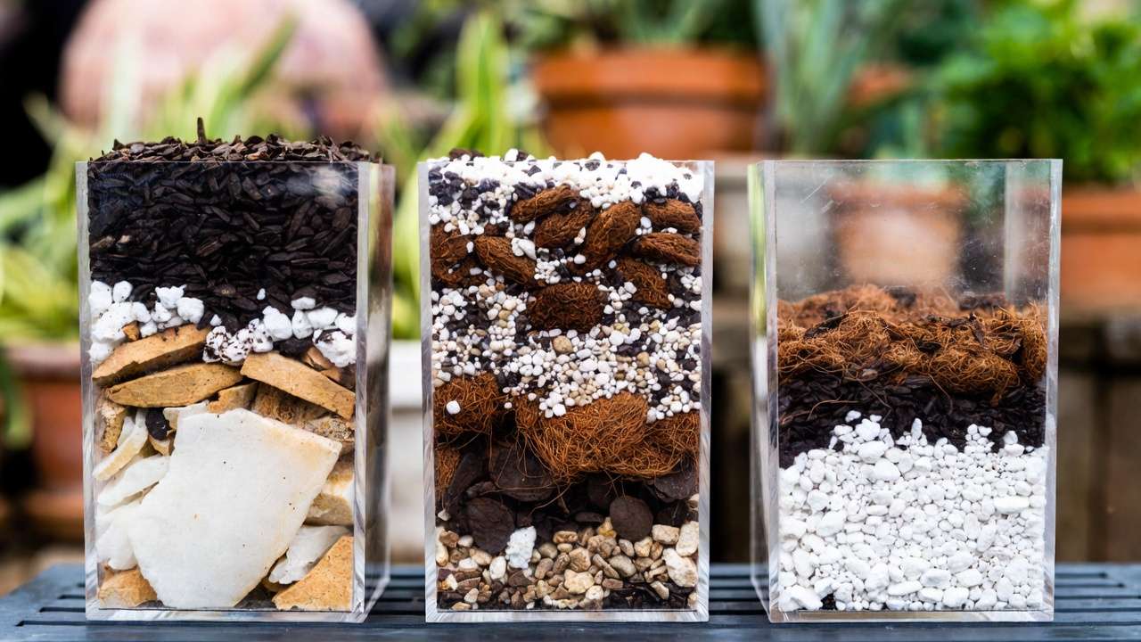Visual examples of compost ratios in homemade potting mix for vegetables, flowers, and succulents