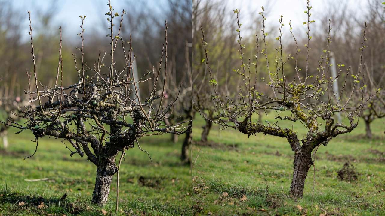 Before and after apple tree pruning comparison – overgrown vs properly pruned