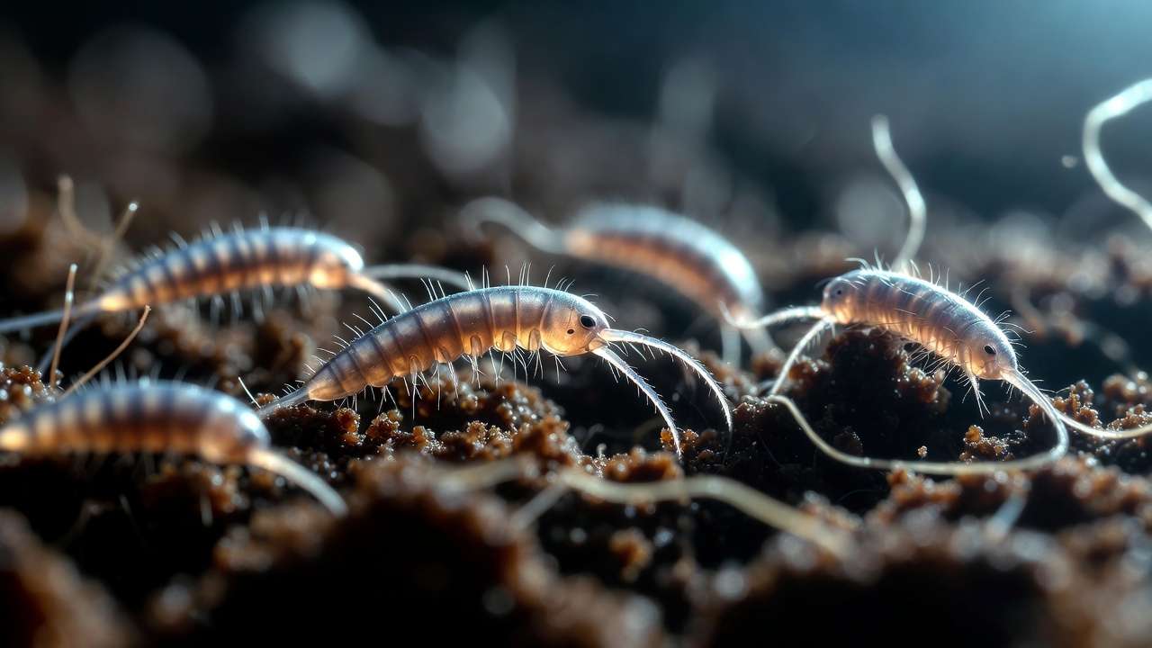 Close-up of beneficial entomopathogenic nematodes in soil hunting for pest larvae