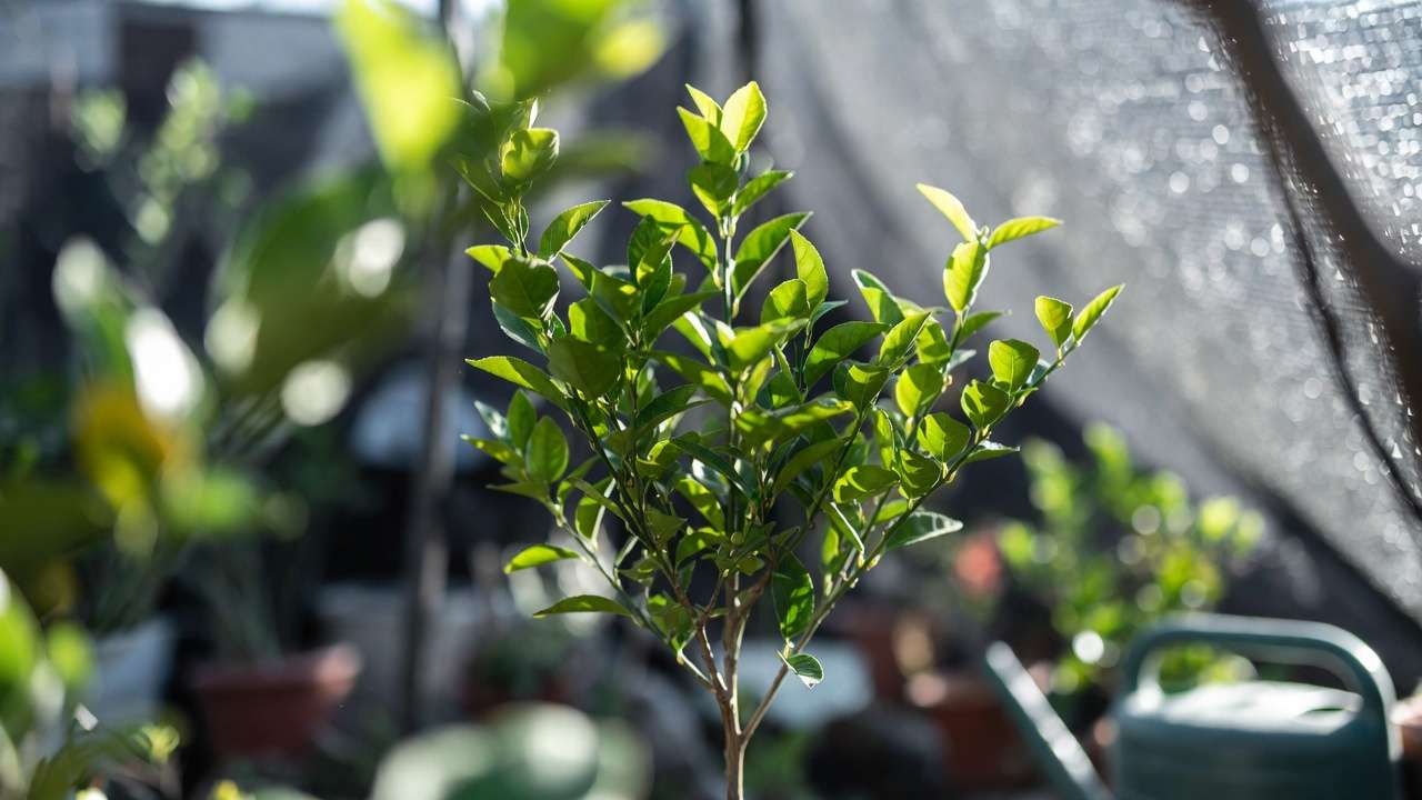 Potted citrus tree starting hardening off in shaded outdoor porch during safe transition from indoors