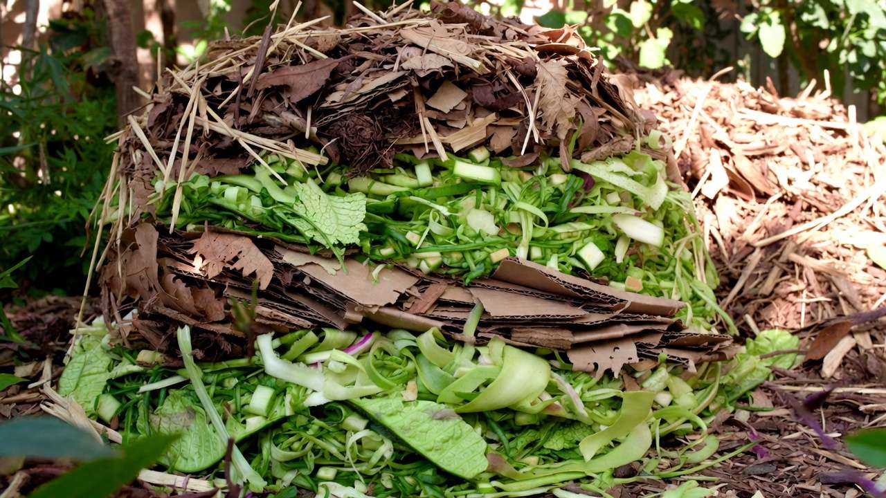 Properly layered compost pile with alternating greens and browns for balanced odor-free decomposition in backyard gardening.