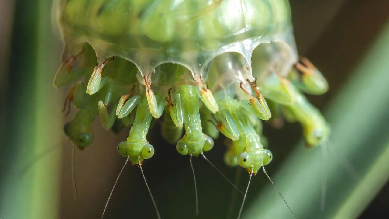 Praying mantis nymphs hatching from egg case on silk threads
