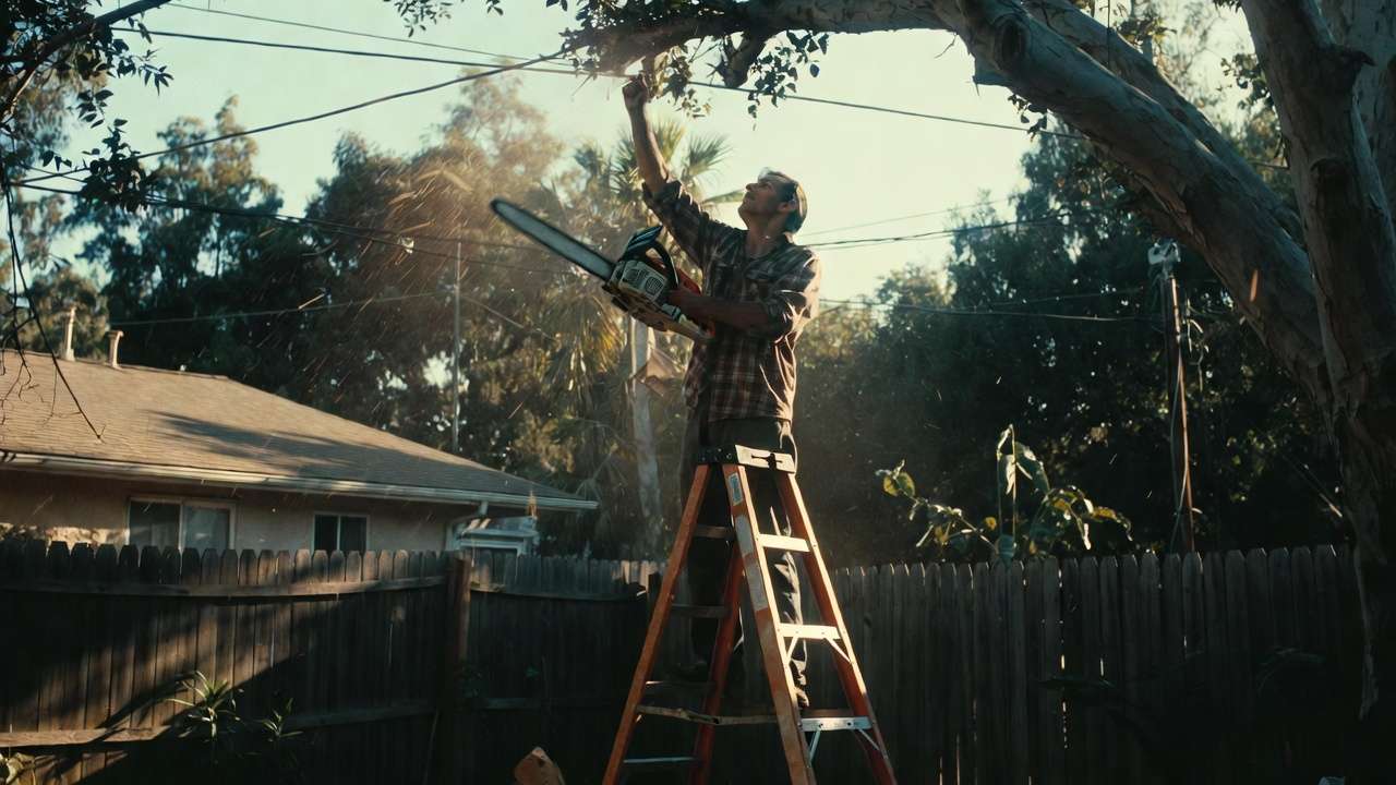 Dangerous ladder and chainsaw use during unsafe DIY tree trimming near power lines