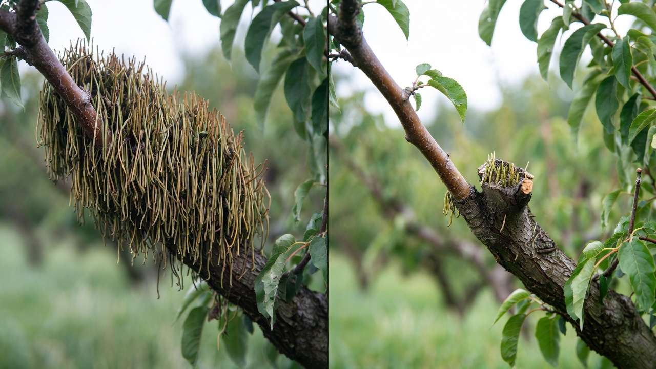 Before and after comparison of a fruit tree branch with and without water sprouts removed
