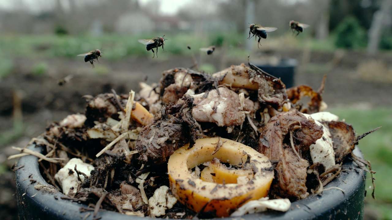 Failed compost pile with rotting meat and dairy causing pests, odors and damage to garden plants and trees