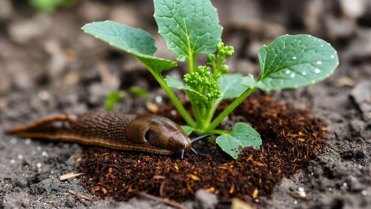 Coffee grounds used as natural slug deterrent barrier around garden plant