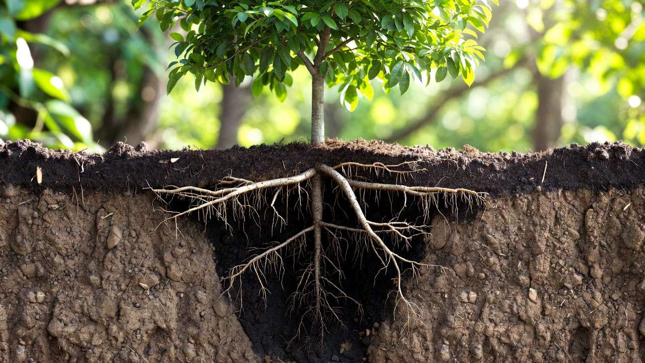 Balanced root-to-canopy system cross-section of a healthy tree showing ideal proportions
