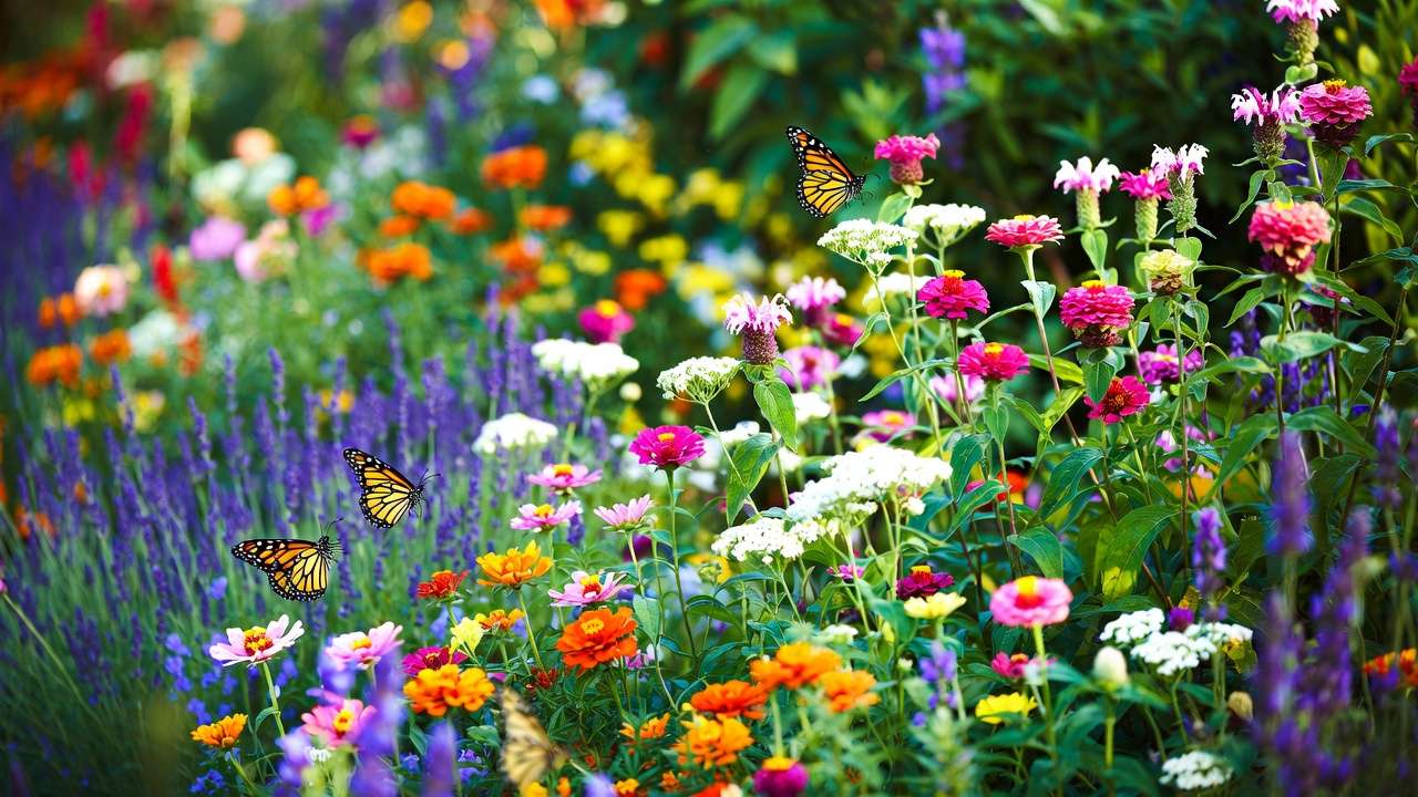 Vibrant butterfly garden with lavender, marigolds, zinnias, yarrow, and bee balm attracting monarch and swallowtail butterflies for natural pest control
