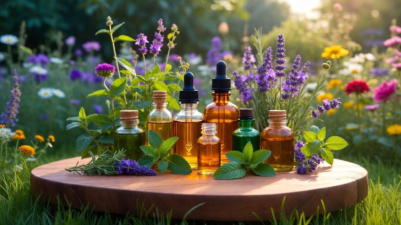 Assortment of pure essential oils and fresh herbs for natural garden pest control in a vibrant outdoor setting