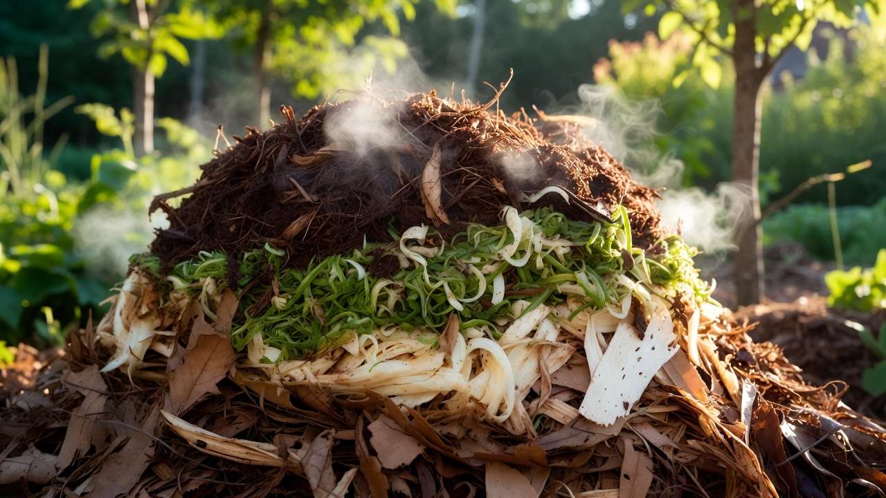 Balanced layered compost pile with browns and greens for successful home composting