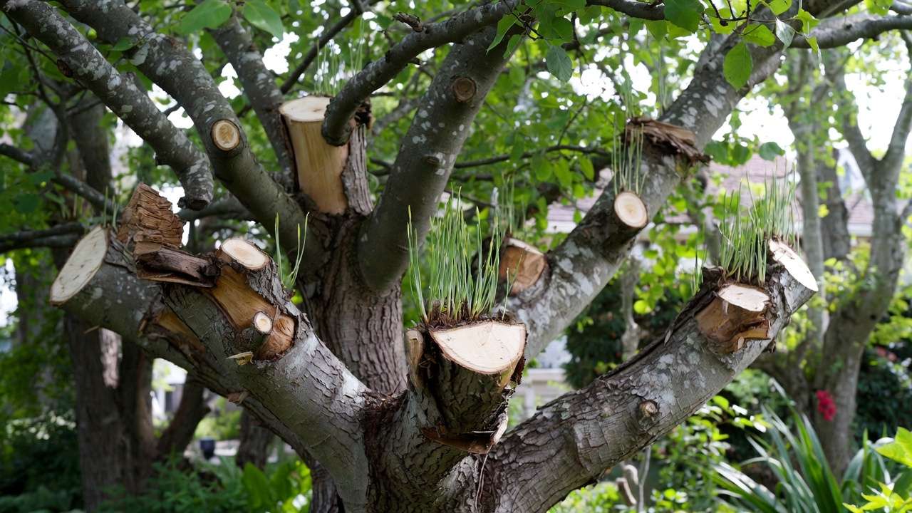 Example of tree topping pruning mistake with watersprouts and stubs on damaged branches.