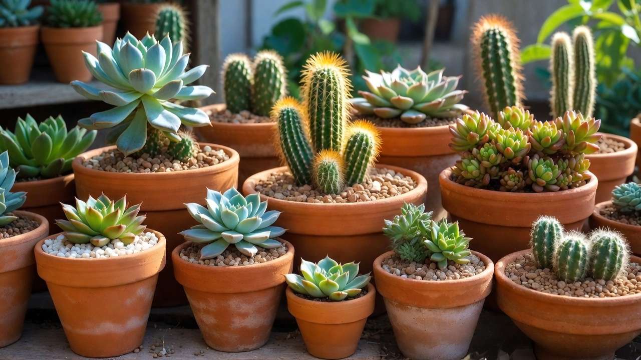 cheveria, Barrel cactus and succulents in pots with ideal DIY cactus and succulent soil blend and pebble top-dressing