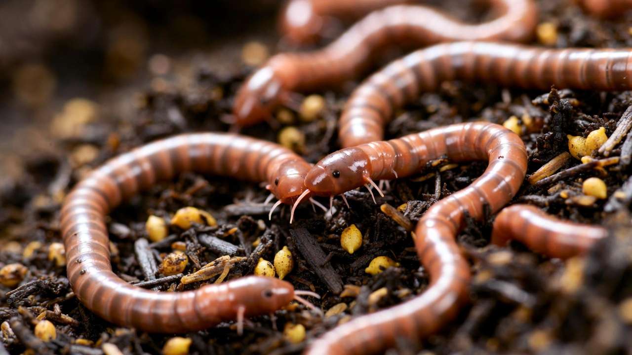 Close-up of active red wiggler worms and cocoons in healthy vermicompost bedding
