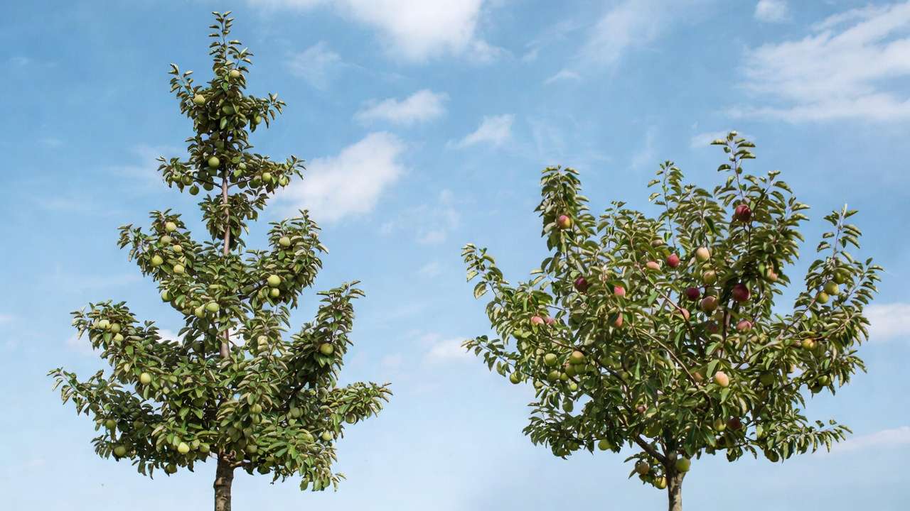 Side-by-side comparison of central leader vs open center vase pruned fruit trees