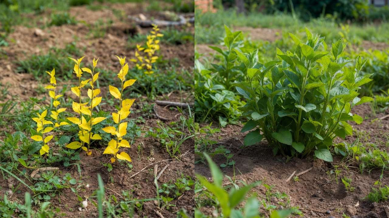 Before and after lime application for acidic soils showing revived healthy plants vs stunted growth.