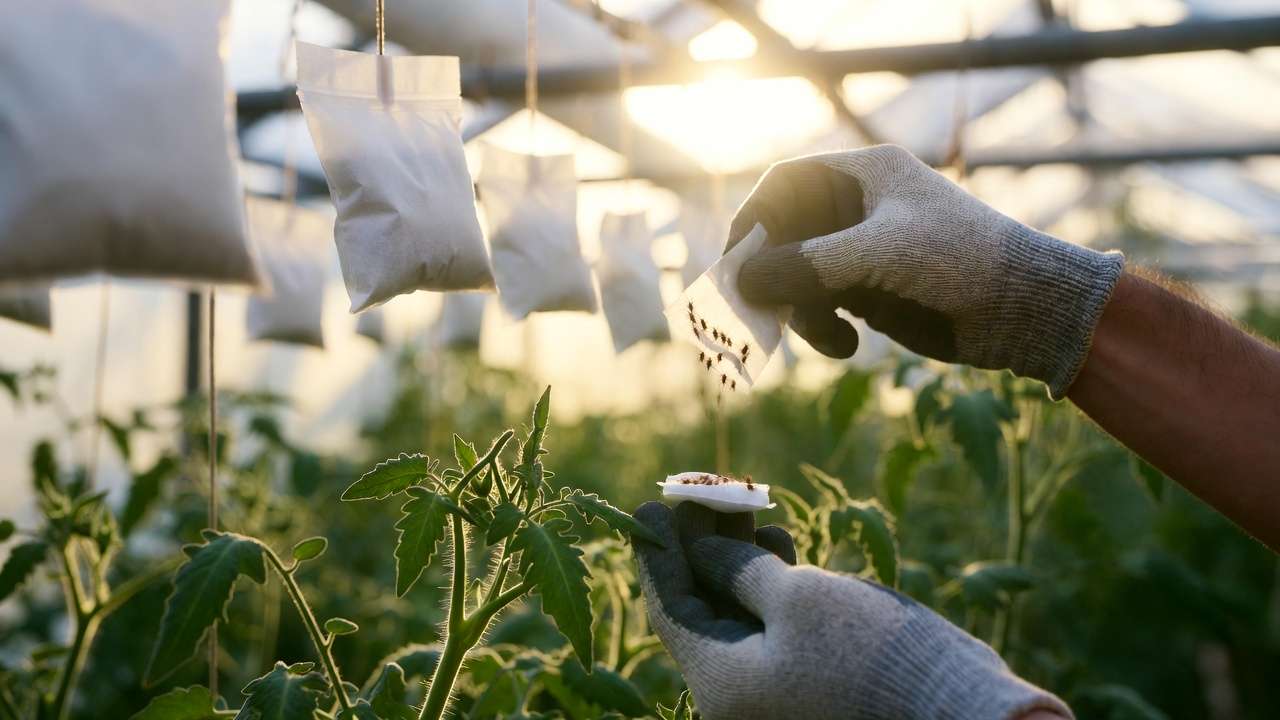 Gardener releasing predatory mite sachets onto plants for preventive biological pest control in a greenhouse