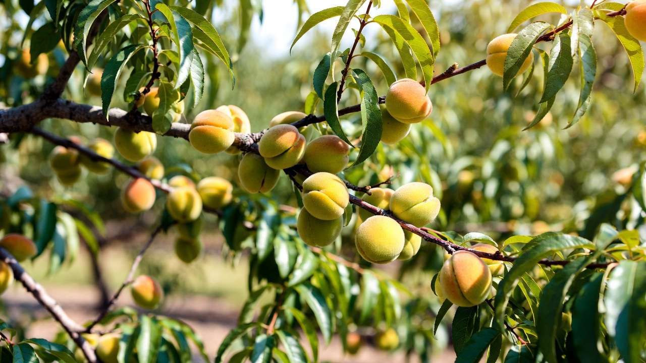 Properly spaced young peaches on branch after thinning in spring for better fruit size and tree health