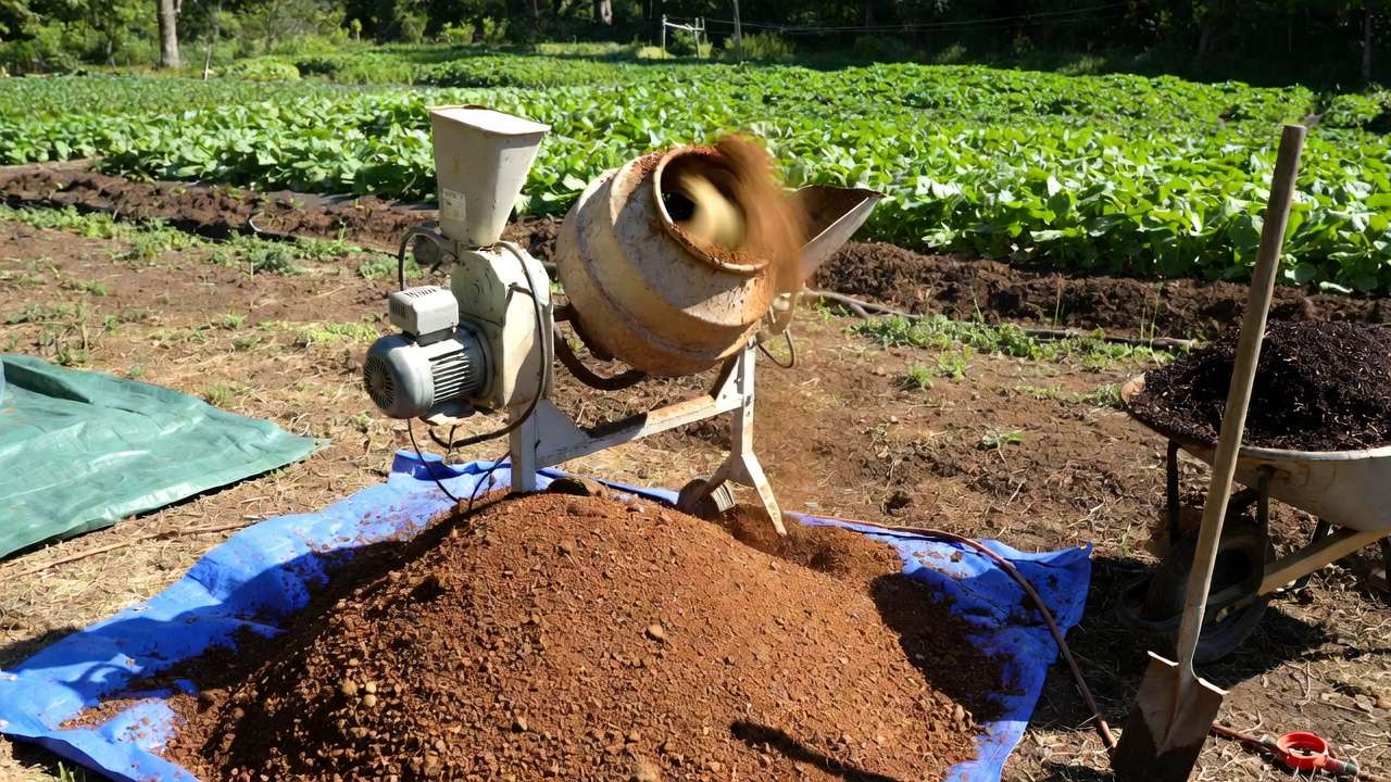 Mini cement mixer efficiently batch mixing nutrient-rich soil for large gardens outdoors