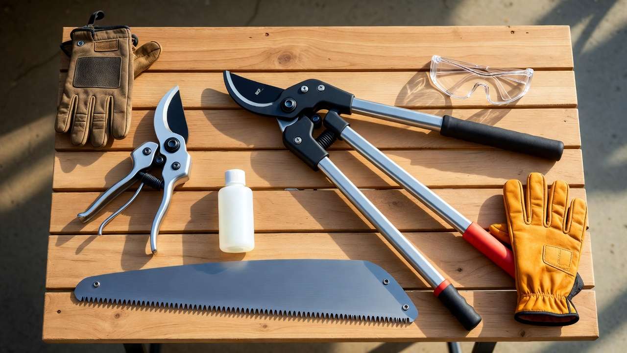 Essential sharp pruning tools and safety gear for open-center stone fruit tree pruning
