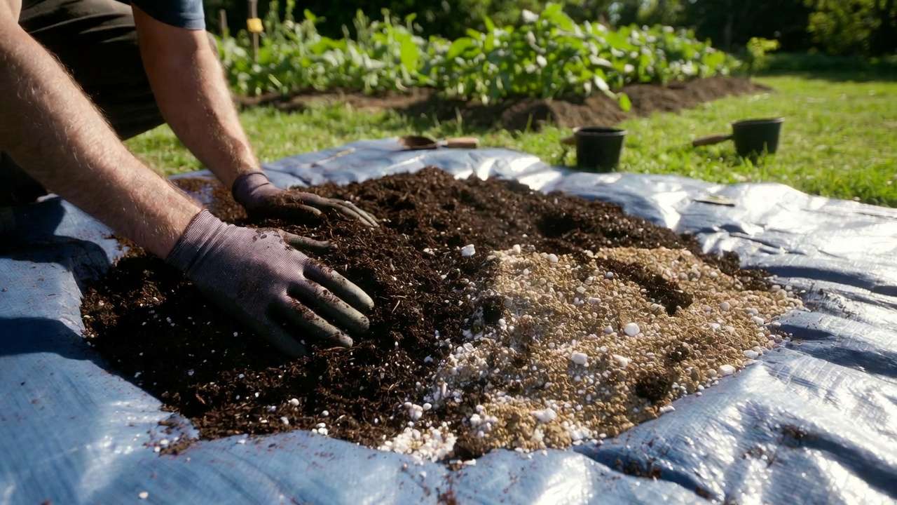 Hands mixing compost, topsoil, and perlite on tarp for custom batch soil recipe in large garden