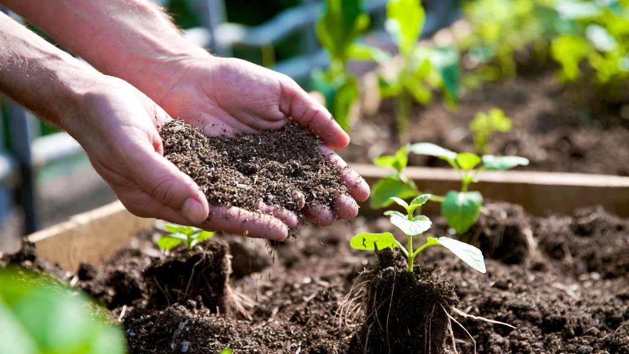 Top-dressing compost around young vegetable plants in raised bed for gentle nutrient addition.