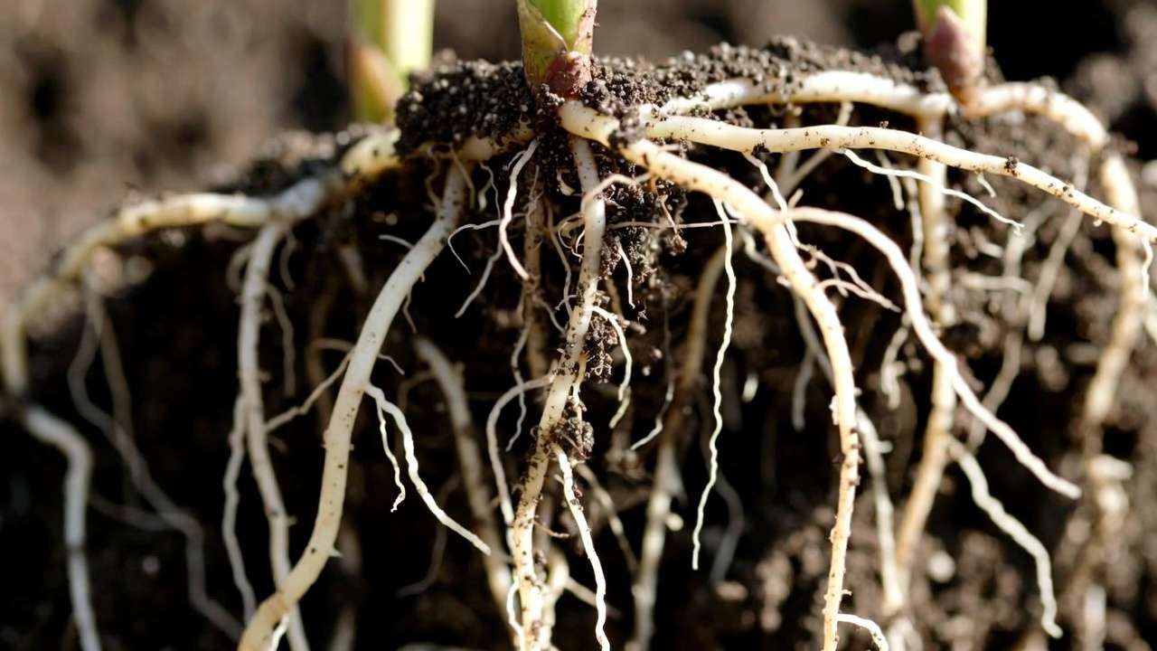 Close-up of strong healthy plant roots in rich soil, boosted by organic kelp meal biostimulants