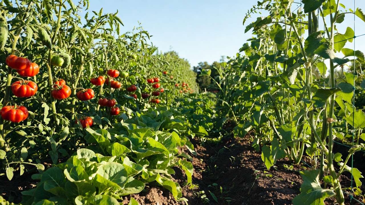 Vibrant healthy organic vegetable garden with ripe tomatoes and lush greens boosted by natural amendments