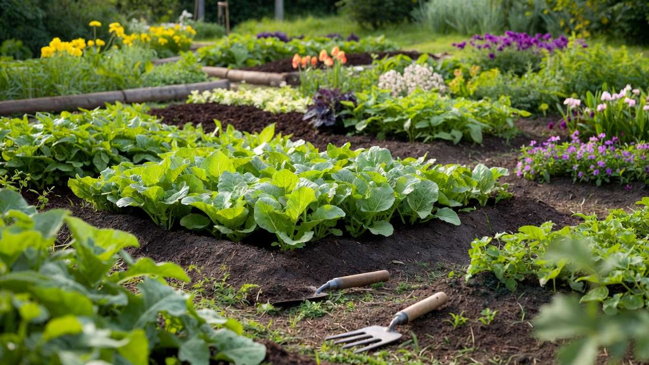 Rich organic compost being added to garden beds with thriving vegetables and flowers
