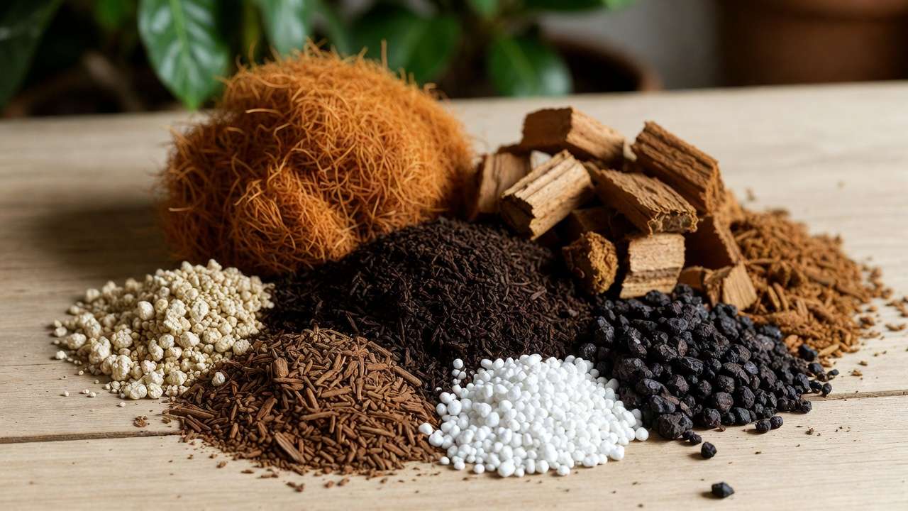 Close-up of sustainable peat-free potting mix ingredients including coconut coir, compost, wood fiber, and perlite for eco-friendly gardening