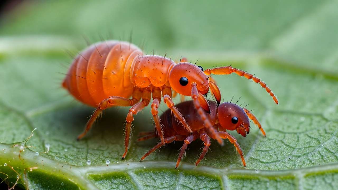 Macro view of predatory mite Phytoseiulus persimilis eating a spider mite on a plant leaf.