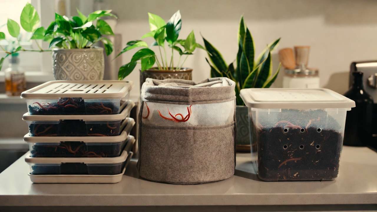 Compact worm composting bins for apartments including stackable trays, fabric flow-through, and DIY tote systems with red wigglers and houseplants