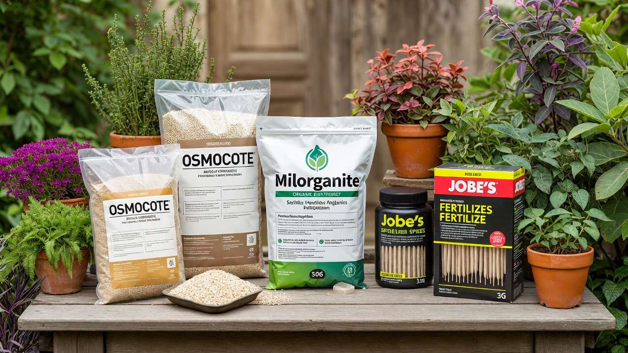 Assortment of recommended slow-release and fast-release fertilizers for plants and trees