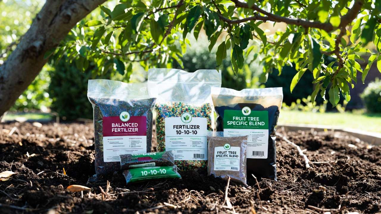Granular synthetic balanced fertilizers for fruit trees displayed on garden soil