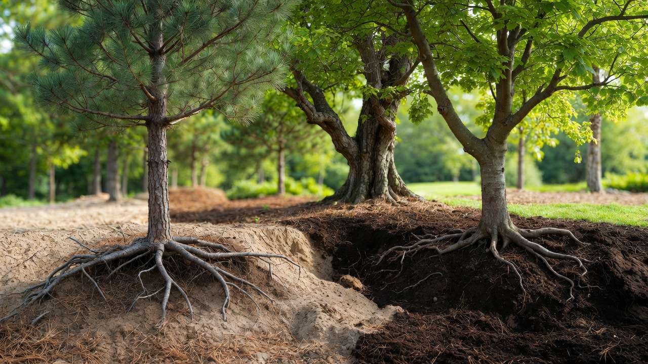 Tree species like pine oak maple thriving in matched soil pH types for growth.
