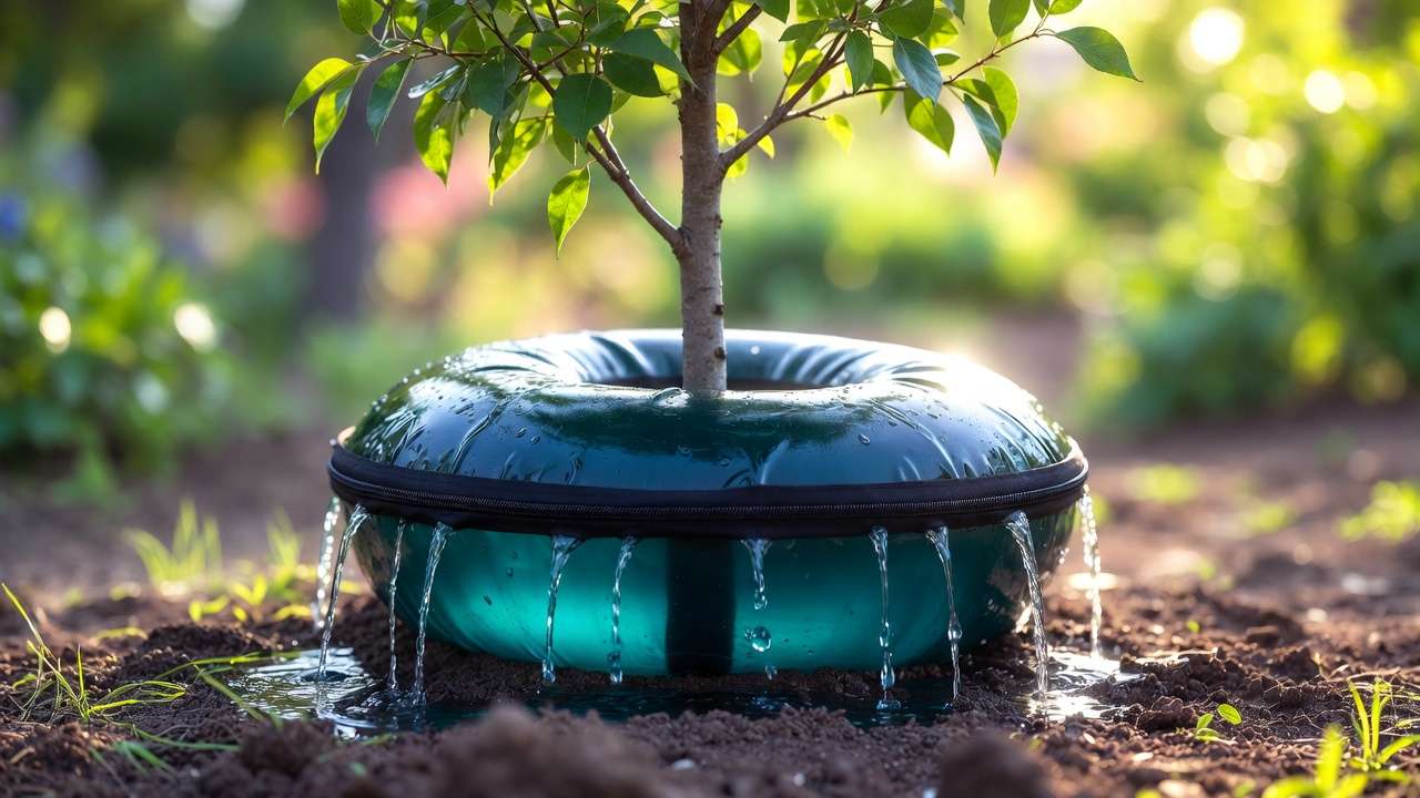 Tree watering bag slow-release system around young tree trunk