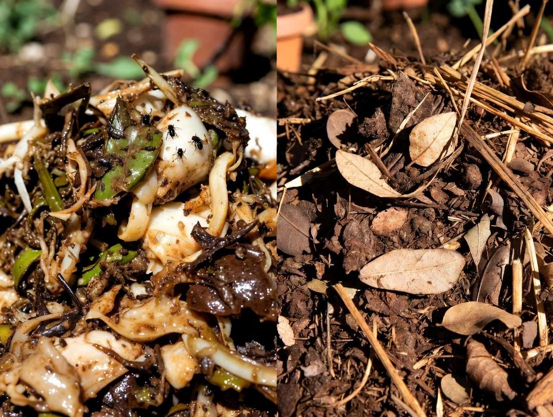 Troubleshooting compost imbalances: slimy wet green-heavy pile vs. dry slow brown-heavy pile showing common green vs. brown mistakes in composting