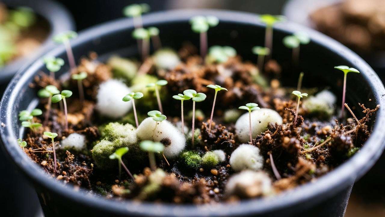 Mold and algae growth on carnivorous plant seedlings in overly humid conditions