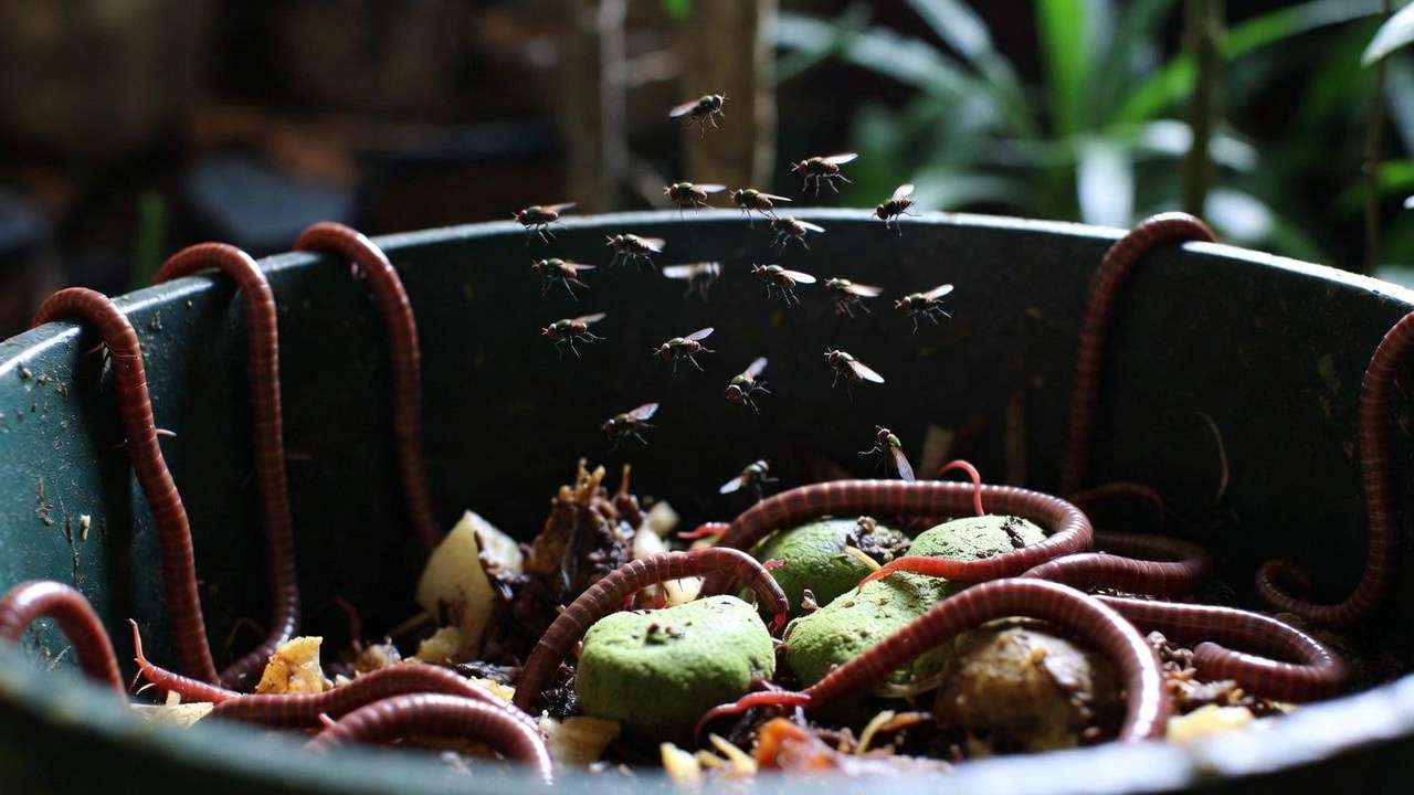Worm bin problems showing fruit flies escaping worms and mold from improper feeding