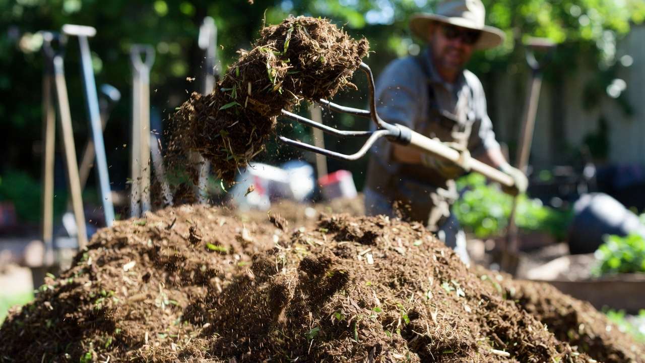 Gardener turning and aerating compost pile with pitchfork to introduce oxygen and eliminate bad smells.