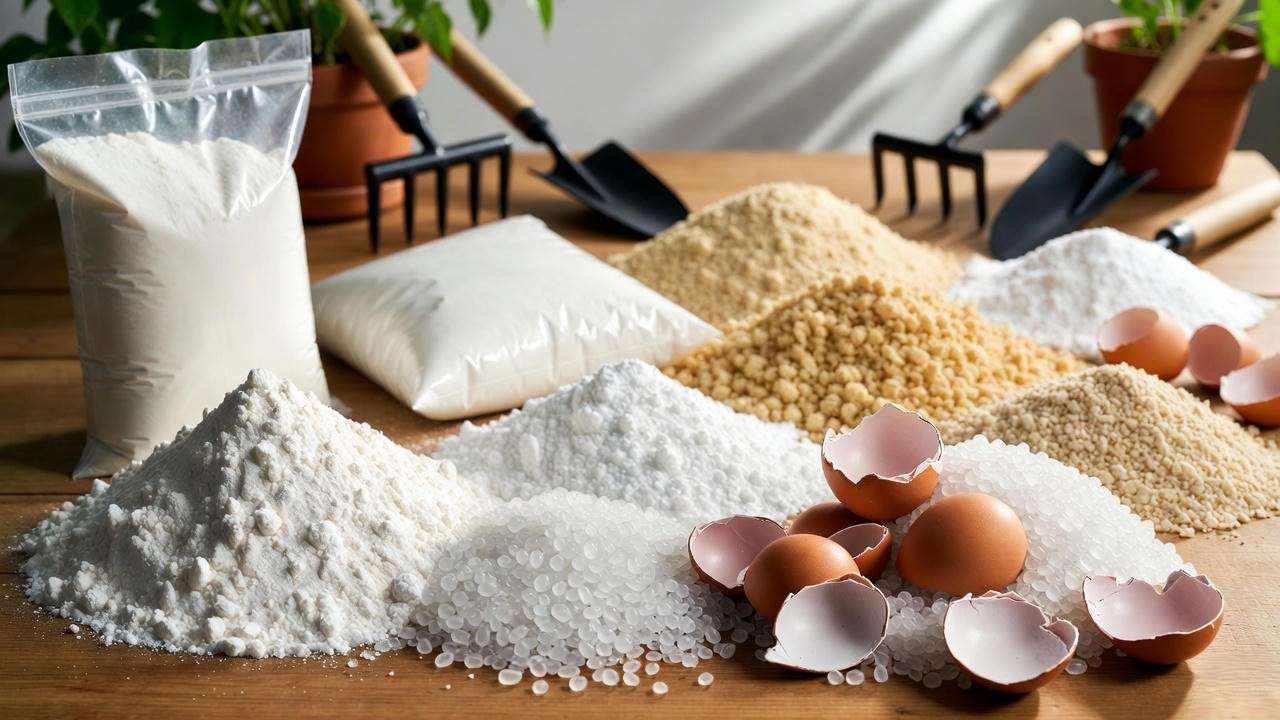 Various types of calcium fertilizer for plants including gypsum, lime, eggshells, and bone meal