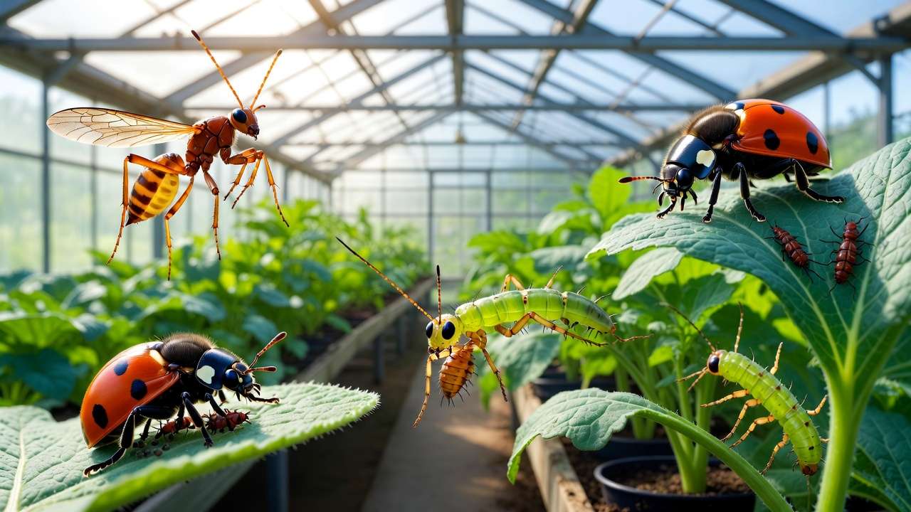 Beneficial insects like ladybugs, predatory mites, lacewings, and parasitic wasps controlling common greenhouse pests on plants