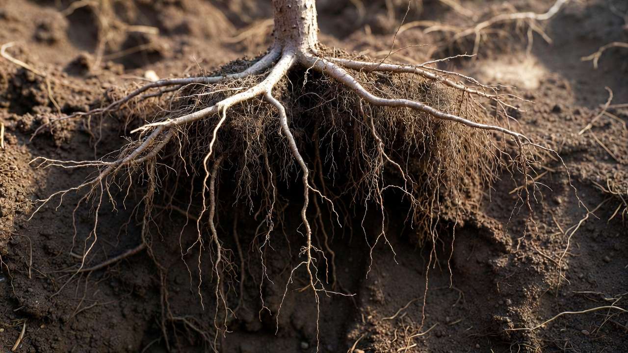 Healthy deciduous tree root system in nutrient-rich soil cross section