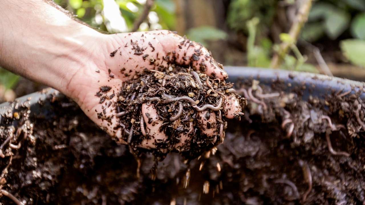 Hand performing wrung-out sponge test on worm bin bedding to check ideal moisture level